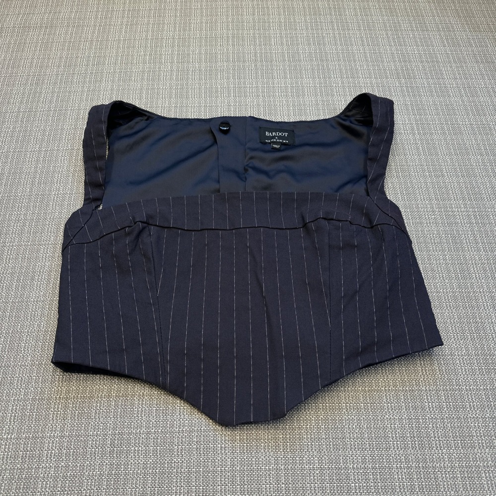 Bardot Pinstripe Corset Top XL‎ Blue Sleeveless Zip Back Bustier Office Siren